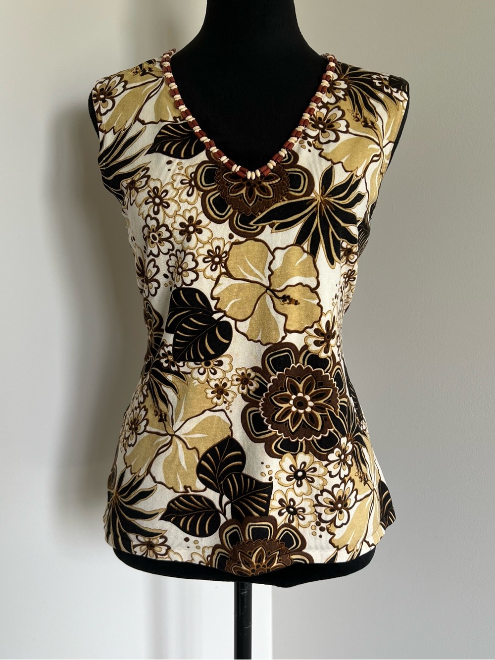 Silk Blend Tropical / Floral V-Neck Boho / Earthy Tank Top w/ Beaded V- Neck